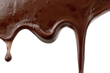 Melting chocolate sauce dripping kitchen food photography bright background close-up view, isolated on white or transparent background