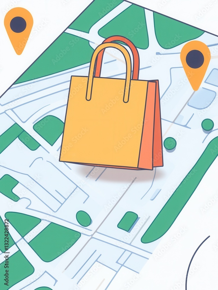 Leinwandbilder delivery route map featuring grocery bag icon and location pins in a clean design suitable for user 