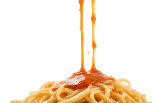 Delicious spaghetti with tomato sauce dripping kitchen food photography bright close-up, isolated on white or transparent background - Powered by Adobe