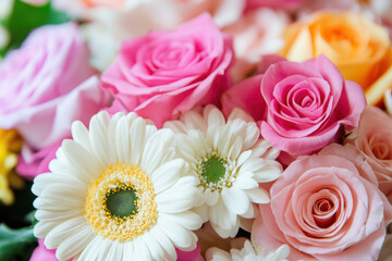 Fototapeta premium Bouquet of pink roses and white gerbera daisies creating stunning floral arrangement