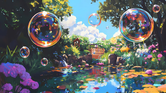 Bubbles float in the air, reflecting colorful hues in a sunny garden setting, creating a joyful and whimsical atmosphere. Effervescent Hues. Illustration