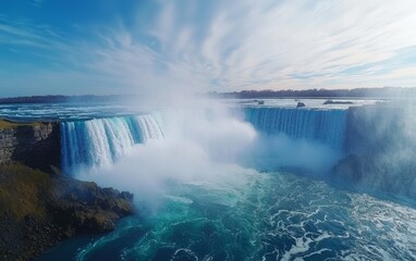 Fototapeta premium Spectacular view of waterfalls cascading powerfully under a clear blue sky at a famous natural landmark