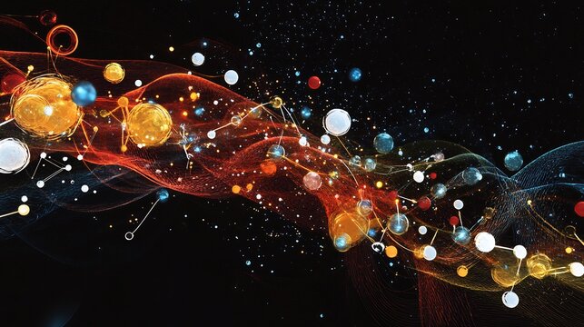 Conceptual depiction of Boltzmann constant featuring symbolic particles and dynamic pathways for entropy and energy relations