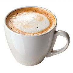 Obraz premium isolated photograph of a white ceramic coffee cup filled with a cappuccino. The cup is positioned slightly to the right, showcasing its handle on the right side.