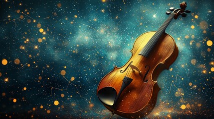 Fototapeta premium Violin rests gracefully against a starry night backdrop filled with shimmering cosmic elements