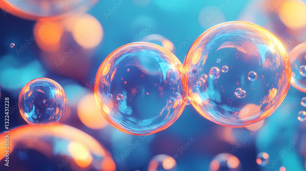 Wall mural close-up view of soap bubbles with dynamic reflections of light, showcasing blue and orange hues in 