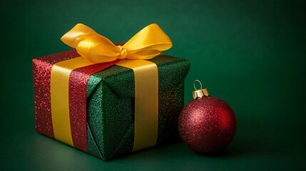 Elegant Christmas Gift Box in Green and Red with Yellow Ribbon - Festive Holiday Present Concept