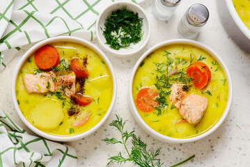 Traditional creamy Finnish salmon soup lohikeitto.top view.