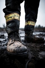 Mud-covered boots on firefighter standing in the muddy field