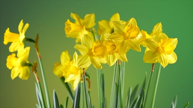 Daffodils Narcissus spring flowers. Bunch of Easter Yellow Daffodil over green background, nature backdrop, close up. Big bouquet of fresh easter flowers rotating. 