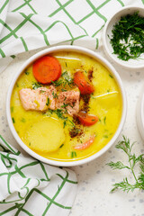 Traditional creamy Finnish salmon soup lohikeitto.top view.