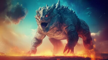 Monster, fiery landscape, digital art, creature design, fantasy art, epic battle, cinematic lighting, monstrous beast, powerful, dangerous, raging inferno, threat, destruction, mayhem