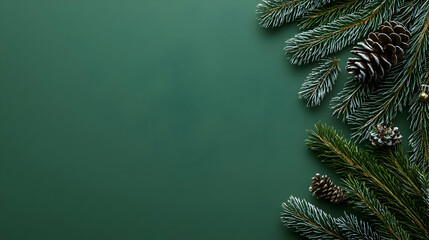 Christmas Pine Branches and Cones on Dark Green Background with Copy Space for Festive Holiday Greetings