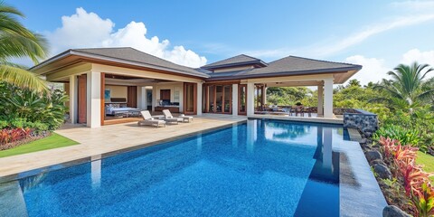 Fototapeta premium A luxurious home with a swimming pool under blue skies