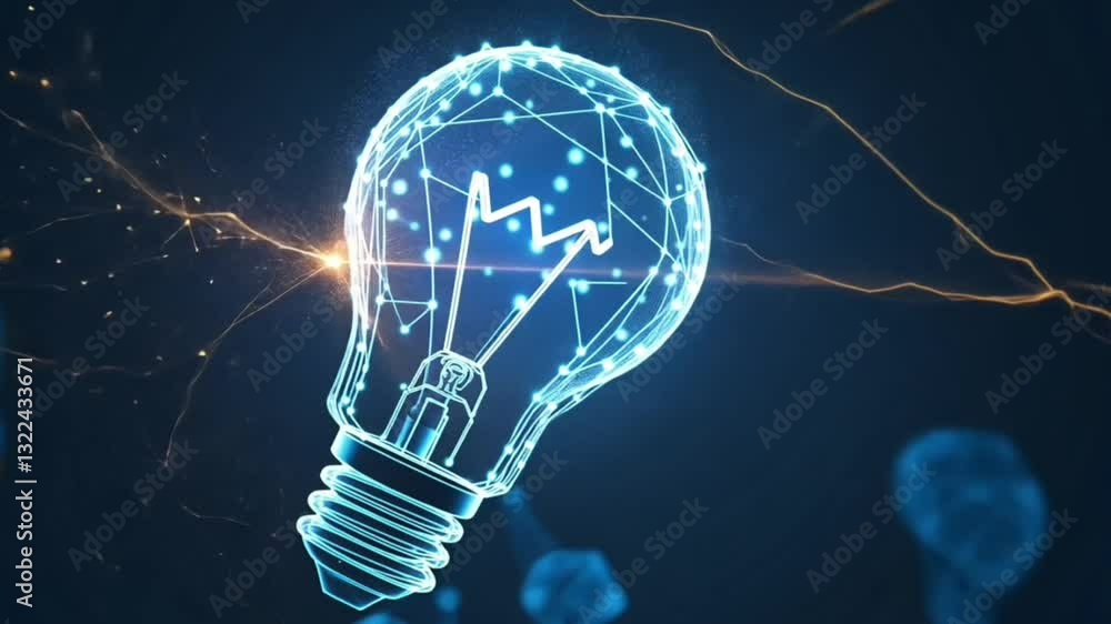 Poster glowing blue light bulb with digital network background representing innovation and technology conce