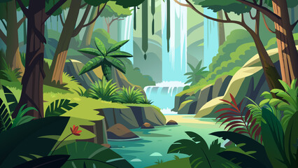 lush rainforest with a hidden waterfall, surrounded by, ferns, and hanging vines.