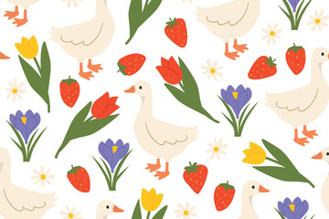seamless spring, easter pattern with geese, strawberries and flowers- vector illustration