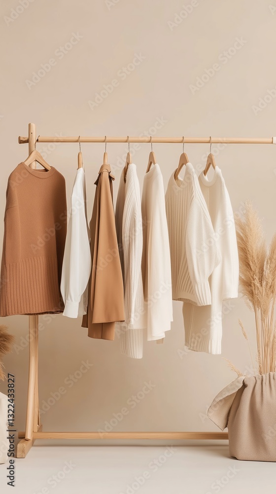 Aufkleber neutral clothing display showcasing a range of cozy sweaters and tops in a minimalist setting with e