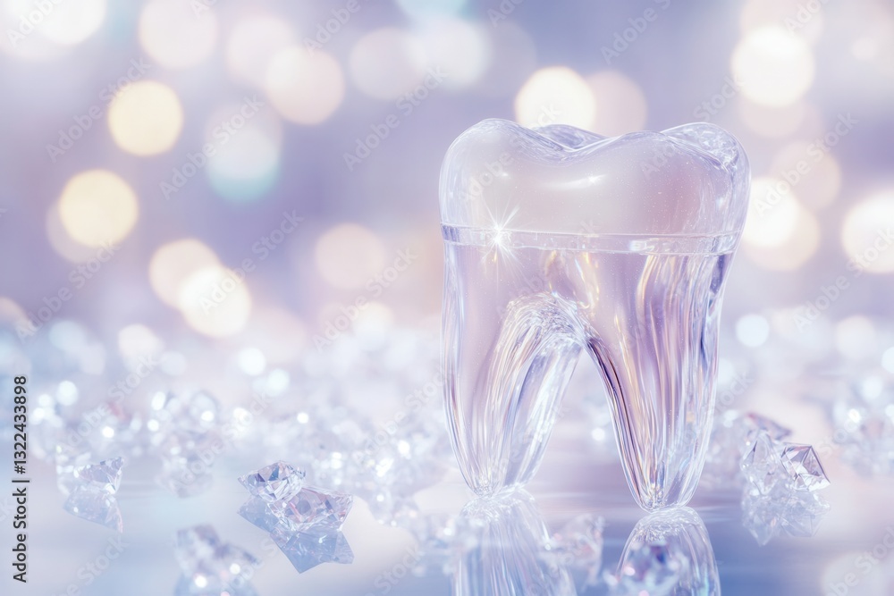 Poster elegant crystal tooth implant with diamond reflections in a soft ambient setting creating a premium 