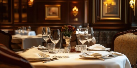 A formal restaurant setting with elegant table decorations and lighting