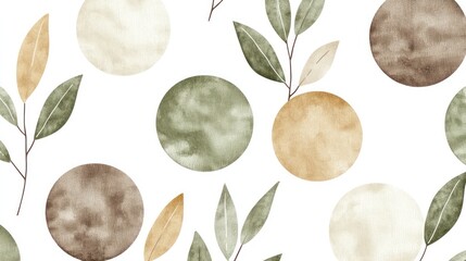 Watercolor leaves and circles form a seamless repeating pattern