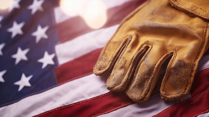 Labor Day Tribute with Weathered Work Gloves and American Flag
