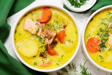 Traditional creamy Finnish salmon soup lohikeitto.top view.