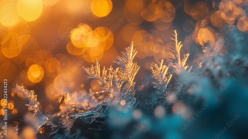 Poster the image shows a close up of snow crystals on a tree branch with bokeh lights in the background. th