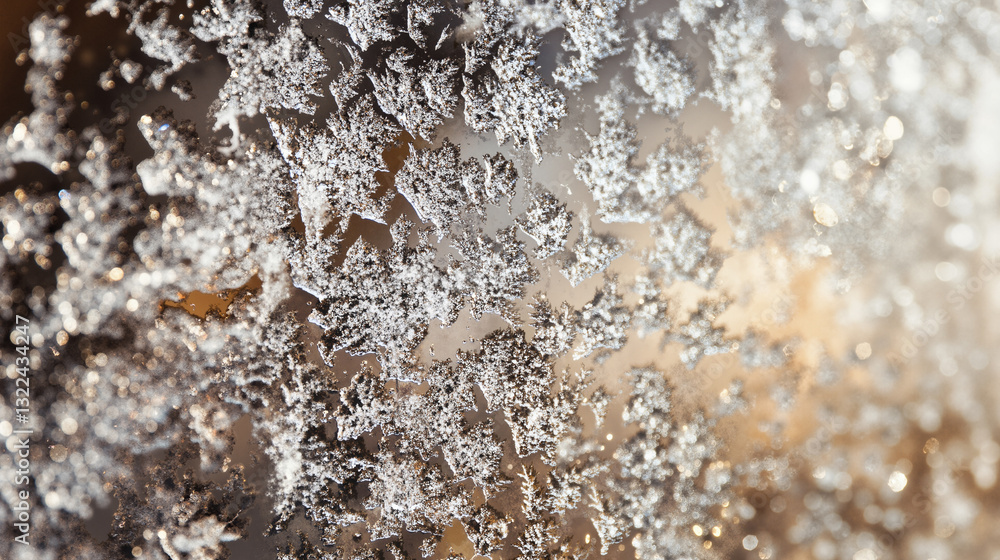 Poster the image shows snowflakes on a window with a blurred background