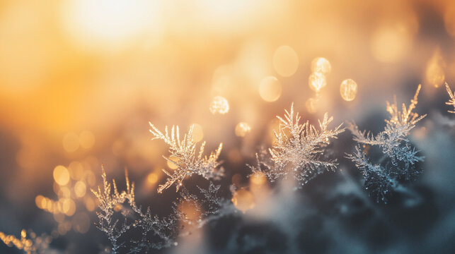 The image shows snowflakes on a tree branch with the sun shining through them