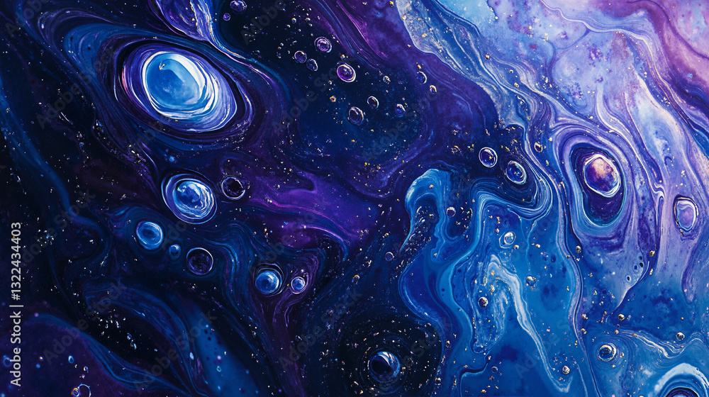 Poster the image shows a painting of a blue and purple nebula with stars and nebulas in the background. the