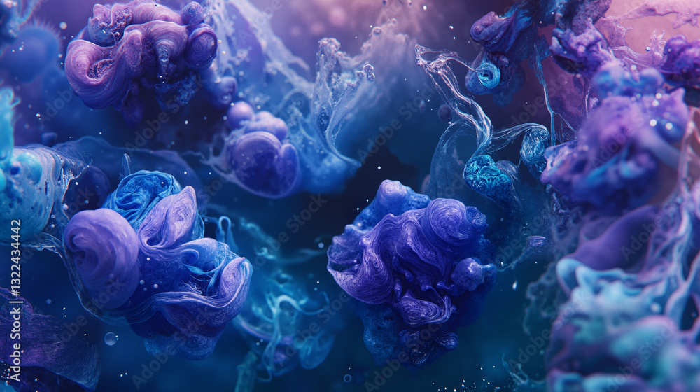 Poster the image shows a vibrant and colorful abstract background of blue and purple ink in water. the colo