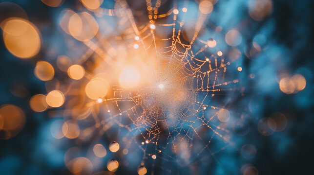 The image shows a spider web with water droplets glistening in the sunlight