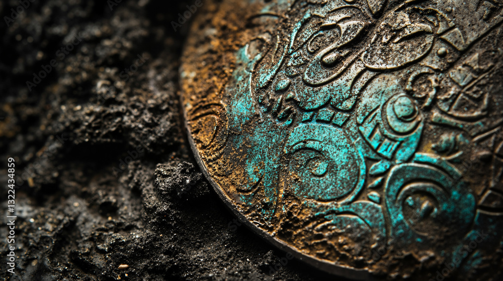 Poster the image shows a close up of a coin on a black surface. the coin has intricate designs on it