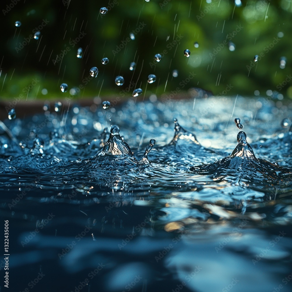 Poster raindrops falling on water surface creating ripples and splashes