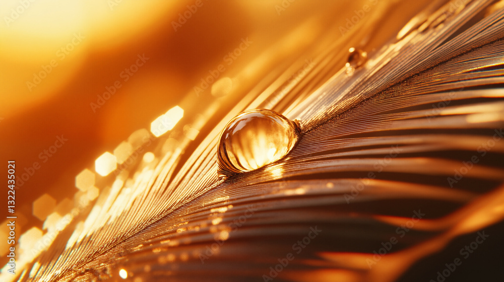 Poster the image shows a close up of a feather with a single drop of water on it