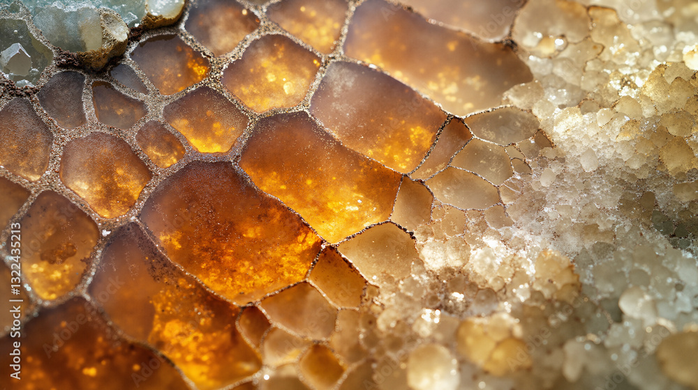 Poster the image shows a close up of a honeycomb with a lot of honey on it. the honeycomb is composed of he