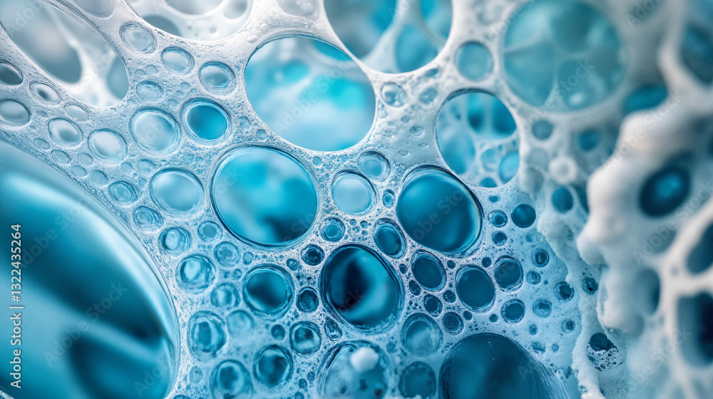 Poster the image shows a close up of soap bubbles on a blue background. the bubbles are of various sizes an
