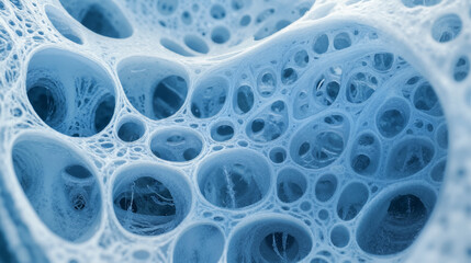 The image shows a close up of a blue and white background with a lot of bubbles