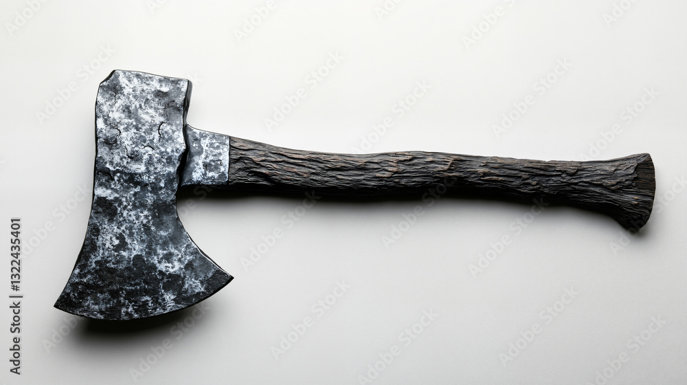Poster the image shows an old axe with a wooden handle on a white background. the axe has a long