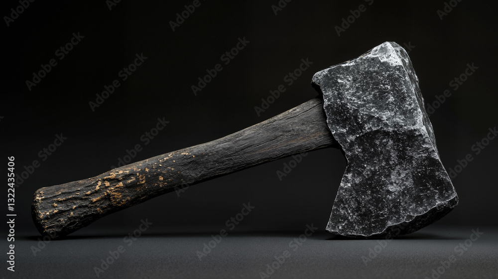 Poster the image shows an old axe on a black background. the axe has a wooden handle and a metal head with 