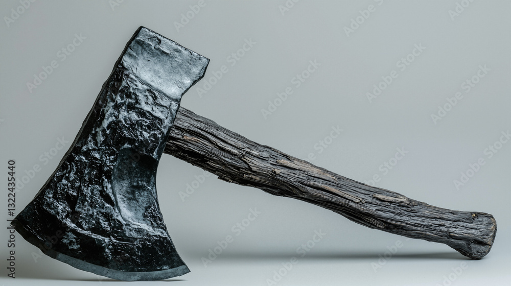 Poster the image shows an axe with a wooden handle on a gray background. the axe has a black and brown colo