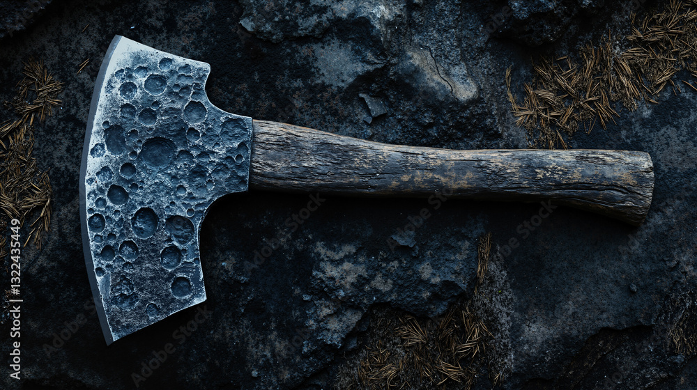 Poster the image shows an axe with a wooden handle resting on a rock surface