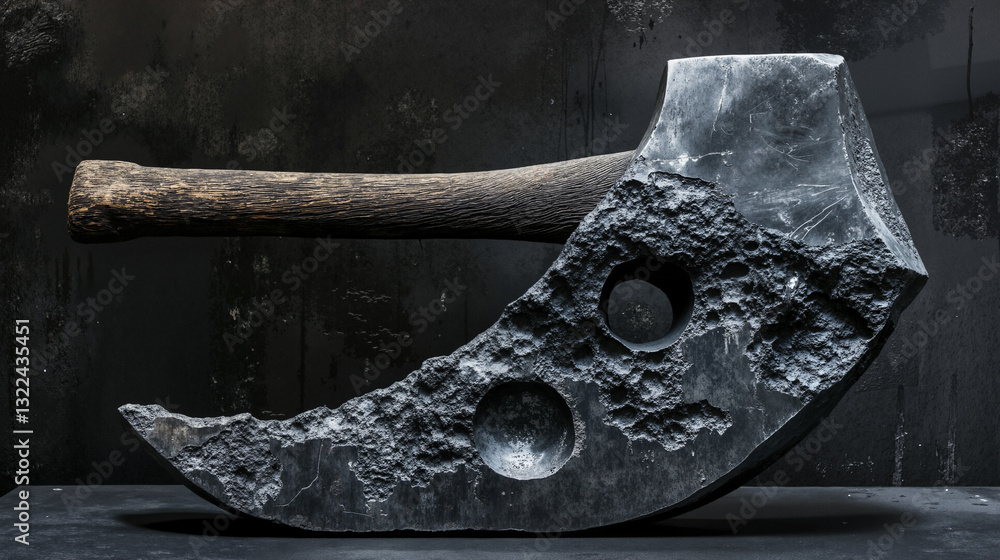 Poster the image shows an axe with a wooden handle sitting on top of a table in front of a wall. the axe ha