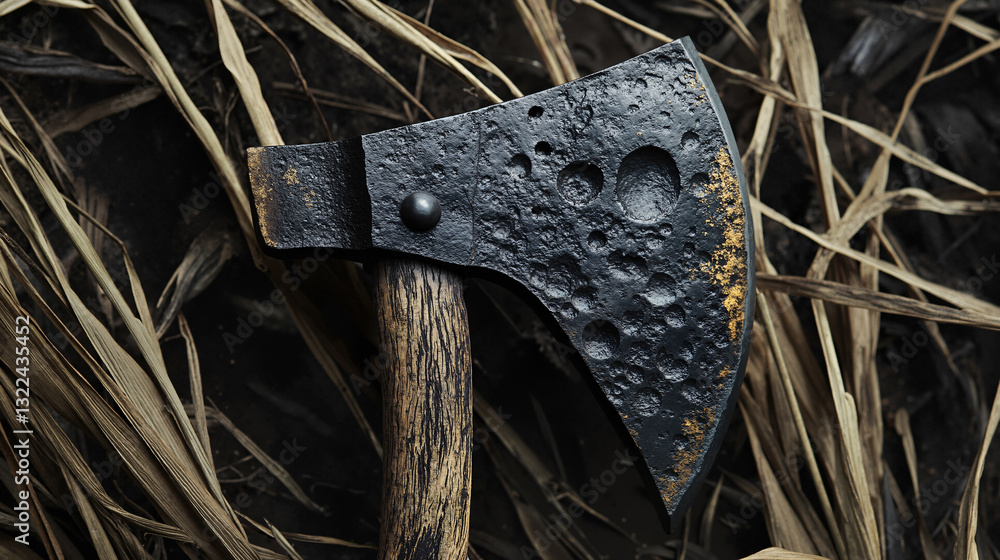 Poster the image shows an axe with a wooden handle sitting in the grass. the axe has a black and brown colo
