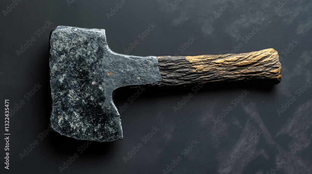 Poster the image shows an old axe with a wooden handle resting on a black surface.
