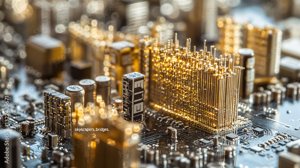 Poster the image shows a close up of a computer motherboard with a city skyline in the background. the circ