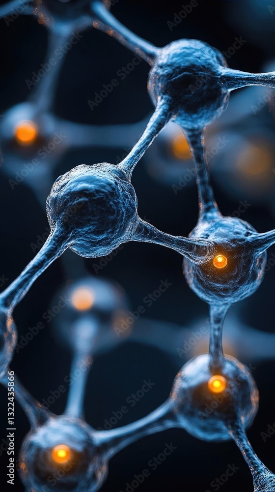 Poster close-up view of molecular structure with glowing nodes, showcasing scientific innovation and discov