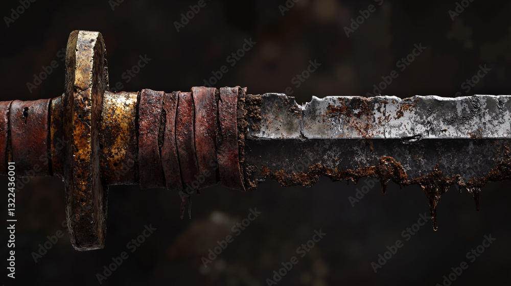 Poster the image shows a close up of a rusty knife on a black background. the blade of the knife is covered