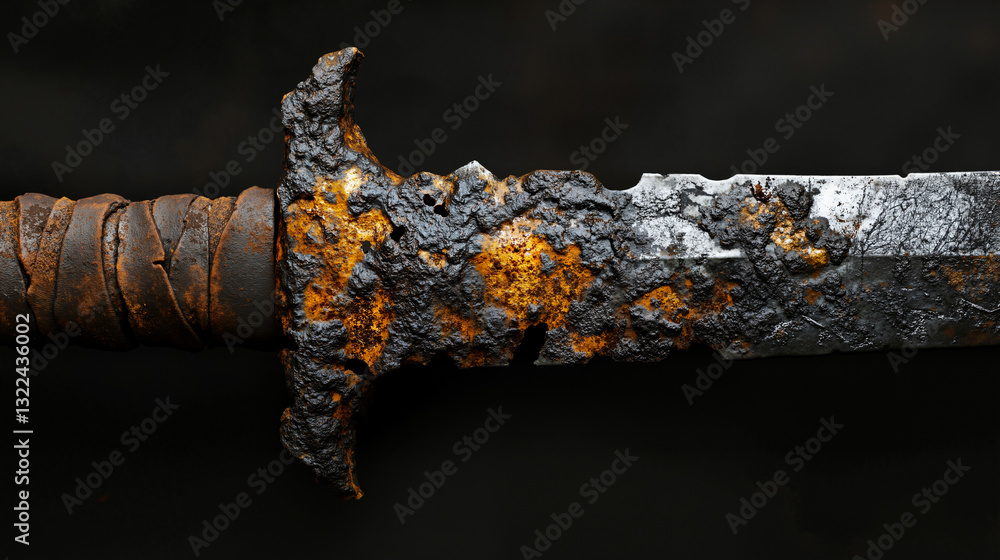 Poster the image shows a close up of a rusty sword on a black background. the blade of the sword is covered